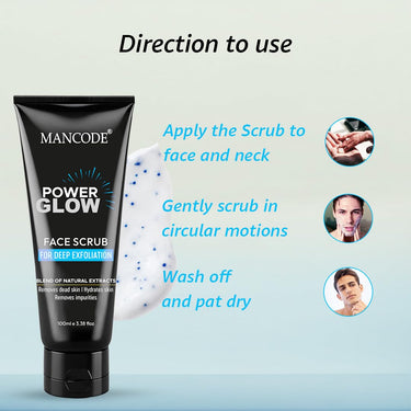 Mancode Power Glow Face Scrub for Men | Deep Exfoliation, Brightening & Hydrating | Removes Dead Skin & Impurities | Natural Ingredients with Saffron, Turmeric & Almond Oil | 100g